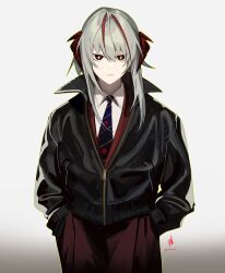  +_+ 1girl ahoge alternate_costume antennae arknights black_necktie collared_shirt cowboy_shot demon_girl demon_horns grey_background grey_hair hands_in_pockets highres horns medium_hair necktie nyxview pants partially_unzipped red_eyes red_pants shirt simple_background solo w_(arknights) white_shirt 