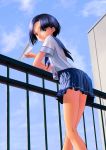  blue_hair cloud clouds kobayakawa_rinko legs looking_at_viewer love_plus paper_airplane school_uniform serafuku short_hair sky solo une 