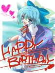  alric bent_over blue_eyes blue_hair blush bow cirno engrish hair_bow happy_birthday heart looking_at_viewer open_mouth ranguage short_hair smile solo touhou 