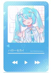  1girl :d ^_^ anniversary aqua_hair blush bow closed_eyes commentary_request fast_forward_button hair_bow hair_ornament hatsune_miku highres kinomi_3030 play_button project_sekai rewind_button shirt smile solo triangle twintails vocaloid white_bow white_shirt window x_hair_ornament 