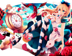  1girl alice's_adventures_in_wonderland alice_(alice_in_wonderland) animal apron blonde_hair blue_bow blue_dress blue_eyes blue_shoes book bow breasts card clothed_animal clouds commentary_request cup dress drink_me_potion falling_petals floating_hair flower full_body hair_between_eyes hair_bow key long_hair medium_breasts open_book pantyhose petals playing_card pocket_watch puffy_short_sleeves puffy_sleeves red_flower red_petals red_rose rhea_(0u0) rose shoes short_sleeves sky smile solo striped_clothes striped_pantyhose tea teacup watch white_apron white_rabbit_(alice_in_wonderland) 
