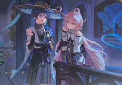  1boy 1girl absurdres against_railing ahoge anemo_symbol_(genshin_impact) animal_print armor armpit_crease bare_shoulders belt bird_print black_belt black_bodysuit black_bow black_bridal_gauntlets black_dress black_gloves black_hair black_shorts blue_cape blue_eyes blue_gem blue_hat blue_kimono blue_sleeves blunt_ends bodysuit bow breast_curtains bridal_gauntlets brown_pantyhose cape character_request choppy_bangs chouxdb closed_mouth clothing_cutout collarbone commission couple covered_collarbone crossed_bangs curled_fingers doorway dress elbow_gloves electro_symbol_(genshin_impact) empty_eyes eyelashes feathers fringe_trim furisode gem genshin_impact gloves gold gold_trim hair_between_eyes hakama hakama_shorts hand_on_own_arm hand_up hat hetero highres hip_vent huge_ahoge indoors japanese_armor japanese_clothes jingasa juban kimono kote kurokote lamppost layered_sleeves leaning_forward long_hair looking_at_another low_twintails mandarin_collar middle_ring mitsudomoe_(shape) multicolored_hair oc_x_canon open_clothes open_hand open_kimono open_mouth original pantyhose pelvic_curtain pencil_skirt pillar pink_hair plant pleated_shorts pom_pom_(clothes) purple_gem purple_hair purple_rope purple_sash railing rope sash scaramouche_(genshin_impact) second-party_source short_sleeves shorts shoulder_peek side_cape side_slit sidelighting skirt skirt_under_dress standing streaked_hair sumeru_city tassel tomoe_(symbol) tsurime twintails very_long_hair violet_eyes vision_(genshin_impact) wanderer_(genshin_impact) white_feathers white_kimono white_skirt white_sleeves white_trim yellow_feathers 