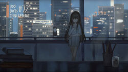  1girl black_hair book book_stack building cat catzz city_lights cityscape commentary_request hair_between_eyes highres indoors long_hair long_sidelocks night orange_eyes original pen shirt sidelocks skyscraper solo window 