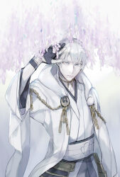  1boy bilingual_commentary closed_mouth commentary_request english_commentary gloves grey_eyes grey_hair hair_between_eyes japanese_clothes looking_at_viewer male_focus mixed-language_commentary mjo pale_skin partially_fingerless_gloves solo touken_ranbu tsurumaru_kuninaga 