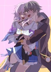  1boy 1girl arms_around_waist black_coat black_gloves blue_skirt caelus_(honkai:_star_rail) closed_eyes coat collarbone commentary_request gloves grey_hair highres honkai:_star_rail honkai_(series) hood hooded_coat jacket konatsu_(04_konatsu) long_sleeves march_7th_(honkai:_star_rail) march_7th_(preservation)_(honkai:_star_rail) open_clothes open_coat open_mouth pink_background pink_hair skirt smile trailblazer_(honkai:_star_rail) 