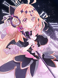  1girl antenna_hair black_bow black_bowtie black_capelet black_dress blonde_hair bow bowtie brooch capelet clock closed_mouth commentary_request cure_arcana_shadow diamond_hairband dress emaaa_0228 frilled_capelet frilled_cuffs frills gradient_hair hair_bow hair_intakes heart heart_brooch highres holding holding_staff index_finger_raised jewelry layered_dress long_hair looking_at_viewer magical_girl meitantei_precure! moria_luluka multicolored_hair partial_commentary precure sky smile solo staff standing star_(sky) starry_sky tear_arcana_rod violet_eyes 