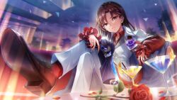  1girl brown_hair brown_shoes cocktail_glass collared_shirt couch crossed_legs cup drink drinking_glass flower food foot_out_of_frame foreshortening frilled_sleeves frills fruit glint gun hair_ornament hairclip hand_on_own_knee heaven_burns_red highres holding holding_gun holding_weapon indoors jacket jacket_on_shoulders jewelry leaf lemon lemon_slice long_hair long_sleeves looking_at_viewer necklace official_alternate_costume official_art on_couch orange_(fruit) orange_slice pants parallel_hairclips parted_lips petals purple_flower red_eyes red_flower red_rose red_shirt ring rose rose_petals shirt shoe_soles shoes sitting smile solo third-party_source tsurime v-shaped_eyebrows vest weapon white_jacket white_pants white_vest yanagi_mion yanagi_mion_(scent_of_the_night_melody_of_the_roses) 