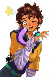  1girl :3 belt bracelet brown_hair dark-skinned_female dark_skin eyebrow_cut highres jewelry kuma20151225 luz_noceda luz_noceda_(timeskip) nuzzle one_eye_closed open_mouth scar scar_on_face shirt short_hair snake stringbean_(the_owl_house) striped_clothes striped_shirt the_owl_house undershirt upper_body very_short_hair 