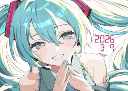  1girl 39 2026 :d aqua_hair aqua_nails backlighting black_sleeves blue_eyes blue_trim blush commentary_request dated detached_sleeves double-parted_bangs eyes_visible_through_hair fingernails from_above grin hair_between_eyes hands_up haruken hatsune_miku headset long_hair looking_at_viewer miku_day nail_polish portrait smile solo steepled_fingers twintails vocaloid 