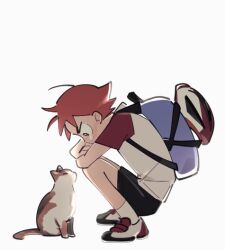  1boy animal backpack bag bicycle_helmet black_shorts blue_bag brown_eyes calico_(pattern) calico_cat cat commentary commentary_request crying from_side helmet korean_commentary looking_at_animal looking_down male_focus naruko_shoukichi o_omome parted_bangs raglan_sleeves red_hair shirt shoes shorts simple_background sneakers solo squatting t-shirt tears untranslatable_commentary white_background yowamushi_pedal 