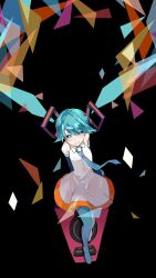  1girl alternate_costume aqua_boots aqua_eyes aqua_hair aqua_necktie arms_behind_back bare_shoulders black_background blush boots detached_sleeves dress hatsune_miku hawikara highres long_hair looking_at_viewer necktie open_mouth sitting sleeveless sleeveless_dress smile solo speaker thigh_boots twintails vocaloid white_dress 