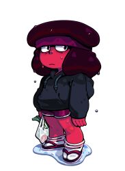 1girl afro alternate_costume closed_mouth colored_skin discount-supervillain full_body gem_(steven_universe) headband highres hood hoodie red_skin ruby_(steven_universe) shorts spring_onion steven_universe tomboy toon_(style) wet wet_clothes wet_hair 