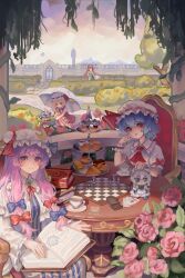  5girls absurdres ascot bishop_(chess) black_eyes blue_bow blue_hair blue_hat board_game book book_stack bow brooch broom broom_riding burger bush card cheesecake chess chess_piece chessboard clock clock_tower closed_mouth clouds commentary_request crescent crescent_hat_ornament cup cupcake day dress elbow_rest flandre_scarlet flower food frilled_skirt frilled_sleeves frills fumo_(doll) gate green_hat green_skirt green_vest hair_bow hand_on_own_hip handong_luhuo hat hat_ornament highres holding holding_book holding_umbrella hong_meiling izayoi_sakuya jewelry king_(chess) kirisame_marisa long_dress long_hair looking_at_another looking_at_object looking_at_viewer low-tied_sidelocks macaron mob_cap multiple_girls neck_ribbon outdoors parted_lips patchouli_knowledge pawn_(chess) pink_hat pink_shirt playing_card puffy_short_sleeves puffy_sleeves purple_dress purple_hair red_ascot red_bow red_eyes red_flower red_hair red_ribbon red_rose red_skirt red_vest remilia_scarlet ribbon rook_(chess) rose saigyouji_yuyuko saucer scarlet_devil_mansion shirt short_sleeves sidelocks silhouette sitting skirt skirt_set smile squatting standing striped_clothes striped_dress table teacup touhou tower tree triangular_headpiece umbrella vertical-striped_clothes vertical-striped_dress vest white_hat white_shirt white_umbrella yellow_ascot 