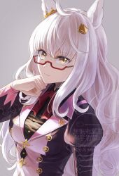  1girl ahoge animal_ears biwa_hayahide_(pf._winning_equation...)_(umamusume) biwa_hayahide_(umamusume) black_shirt bow breasts changmakura closed_mouth collared_shirt ear_ornament glasses grey_hair hair_ornament highres horse_ears horse_girl jacket long_hair looking_at_viewer medium_breasts purple_jacket red-framed_eyewear red_bow semi-rimless_eyewear shirt simple_background smile solo umamusume under-rim_eyewear upper_body yellow_eyes 