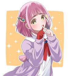  1girl 3go_pkmn arched_bangs blush border brown_eyes cardigan collared_shirt commentary_request gloves hair_ornament hands_up highres lacey_(pokemon) long_sleeves looking_at_viewer neckerchief open_cardigan open_clothes orange_background outline pink_hair pokemon pokemon_sv purple_cardigan red_gloves red_neckerchief shirt single_glove sparkle_background thick_eyebrows upper_body white_border white_outline white_shirt x_fingers x_fingers_over_mouth 