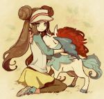  brown_hair double_bun female_protagonist_(pokemon_bw2) keldeo kneeling long_hair mei_(pokemon) pantyhose pokemon pokemon_(game) pokemon_bw2 raglan_sleeves skirt tasuku_(pixiv90455) twintails visor visor_cap 