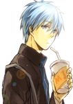  blue_hair drink kuroko_no_basket kuroko_no_basuke kuroko_tetsuya looking_at_viewer lowres school_uniform short_hair sleepy69 strap sunlight 