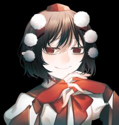  1girl alternative_facts_in_eastern_utopia black_background black_hair bow bowtie closed_mouth commentary_request fingerless_gloves frilled_shirt_collar frills gloves half-closed_eyes hands_under_chin hat highres long_sleeves looking_at_viewer official_alternate_costume overlighting own_hands_together pom_pom_(clothes) puffy_long_sleeves puffy_sleeves red_bow red_bowtie red_eyes red_gloves red_hat red_trim shameimaru_aya shirt short_hair simple_background smile solo swept_bangs tokin_hat toraneko_2 touhou upper_body white_shirt wide_sleeves 
