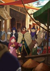  absurdres apple arms_behind_head baguette bandages bandana blonde_hair bread brown_hair cloak closed_eyes closed_mouth dragon food forbartz_xylo fruit gloves highres holding_bread key_visual kivia_patausche long_hair market market_stall missing_tooth multicolored_hair multiple_boys multiple_girls official_art old old_woman open_mouth outdoors partiract_jayce pointing promotional_art red_cloak red_eyes scar scar_across_eyebrow scar_on_face shopping short_hair smile spiky_hair streaked_hair tan teoritta tsav_(yuushakei_ni_shosu) yuushakei_ni_shosu 
