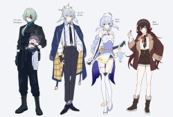  absurdres alternate_costume anaxa_(honkai:_star_rail) aoiro_oto aqua_eyes black_boots black_gloves black_necktie black_overalls black_shirt black_shoes black_thighhighs blue_jacket boots braid braided_ponytail brown_boots brown_hair brown_hat brown_jacket brown_shorts chimera_(honkai:_star_rail) commentary_request dress elbow_gloves expressionless eyepatch fingerless_gloves full_body gloves green_hair grey_hair hair_over_one_eye halo halo_behind_head hand_in_pocket hat head_wings highres honkai:_star_rail honkai_(series) hoyofair jacket jewel_under_eye long_hair long_sleeves looking_at_viewer low_twintails mark_under_both_eyes multicolored_gloves necktie overalls pink_eyes ponytail purple_hair robin_(honkai:_star_rail) shirt shoes shorts simple_background sleeveless sleeveless_dress smile socks sparkle_(honkai:_star_rail) spiked_halo striped_clothes striped_shirt striped_socks sunday_(honkai:_star_rail) thigh-highs thigh_boots tongue tongue_out twintails two-sided_fabric two-sided_jacket two-tone_dress two-tone_gloves very_long_hair white_boots white_shirt white_wings wings yellow_eyes 