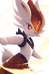  1other bright_pupils cinderace closed_mouth commentary_request fire frown furry highres looking_to_the_side orange_eyes pokemon pokemon_(creature) pokemon_focus rumine_(yoshi1234567) simple_background solo white_background white_pupils 