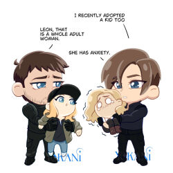 2boys 2girls adoptive_parent_and_adoptive_child beard beard_stubble blonde_hair blue_eyes brown_hair carrying carrying_person chris_redfield english_text facial_hair grace_ashcroft highres leon_s._kennedy multiple_boys multiple_girls resident_evil resident_evil_requiem rosemary_winters stubble yokaniii 