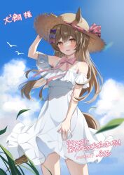  1girl :d @_@ alternate_costume alternate_hairstyle animal_ears arm_up bare_shoulders blue_bow blush bow brown_eyes brown_hair brown_hat checkered_ribbon clouds commentary_request commission cowboy_shot dated day dress ears_through_headwear etesumsom grass hair_bow hair_down hand_on_headwear hat hat_ribbon horse_ears horse_girl horse_tail long_hair looking_at_viewer open_mouth outdoors pink_bow pink_ribbon purple_bow purple_ribbon ribbon skeb_commission sleeveless sleeveless_dress smart_falcon_(umamusume) smile solo standing straw_hat sun_hat tail umamusume white_dress 