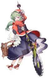  1girl adapted_costume andersen's_fairy_tales apron back_bow basket black_bow black_dress black_nails bow cheenack circular_saw commentary corin_wickes cosplay dress english_commentary full_body green_hair hair_ornament hairclip highres holding holding_basket hood hood_up little_match_girl little_match_girl_(cosplay) long_hair long_sleeves looking_at_viewer matchbox matches open_mouth patch red_hood saw screw_hair_ornament simple_background socks solo stirrup_legwear stuffed_animal stuffed_toy teddy_bear toeless_legwear toeless_socks violet_eyes weapon weapon_on_back white_background zenless_zone_zero 