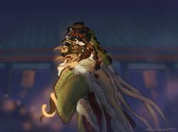  1girl architecture black_hair blurry blurry_background braid chinese_clothes east_asian_architecture from_side green_hanfu hanfu hug liang_yue_(reverse:1999) long_hair low_twin_braids mask mask_on_head multongsisig qiangliang_(reverse:1999) red_skirt reverse:1999 skirt solo twin_braids upper_body wide_sleeves 