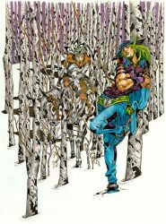  2boys araki_hirohiko arm_warmers armband beard belt belt_buckle birch_tree blue_cape blue_hair blue_hat blue_pants buckle cape cowboy_hat cowboy_western crossed_arms facial_hair feathers goggles goggles_on_headwear green_belt green_eyes green_hair green_lips grey_hat gyro_zeppeli hat hatching_(texture) highres holster horse horseback_riding horseshoe_hat_ornament horseshoe_ornament johnny_joestar jojo_no_kimyou_na_bouken long_hair long_sleeves makeup male_focus medium_hair multiple_boys official_alternate_costume pants parted_lips purple_arm_warmers purple_armband purple_shirt reins riding saddlebags scan shirt short_sleeves slow_dancer_(jojo) snow spurs star_(symbol) star_print steel_ball_run traditional_media tree white_pants 