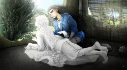  2girls barefoot black_hair blue_eyes blue_shirt chanyomanga commentary_request day gloves highres indoors long_hair lying multiple_girls on_stomach original plant shirt very_long_hair wavy_hair white_gloves white_shirt 