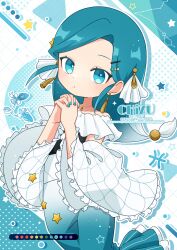  1girl blue_dress blue_eyes blue_hair chizu_(421ooouy) commentary_request constellation cowboy_shot detached_sleeves dress drop_shadow frilled_sleeves frills gradient_hair grid_background highres interlocked_fingers long_hair long_sleeves looking_at_viewer multicolored_hair off-shoulder_dress off_shoulder original outline own_hands_clasped own_hands_together parted_lips personification pisces_(constellation) pisces_(symbol) pisces_(zodiac) solo white_hair white_outline white_sleeves wide_sleeves zodiac 