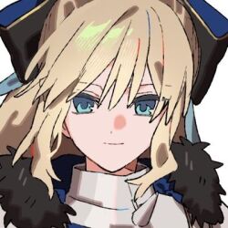  1girl aesc_(fate) aesc_(savior)_(fate) blue_eyes commentary_request fate/grand_order fate_(series) fur_trim hair_between_eyes korean_commentary long_hair looking_at_viewer lowres ponytail simple_background smile solo syst098 