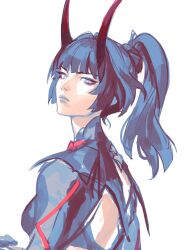  1girl absurdres blunt_bangs closed_mouth clothing_cutout crmnlmlfhntr eyeliner head_tilt high_ponytail highres honkai_(series) honkai_impact_3rd horns long_hair looking_at_viewer looking_to_the_side makeup ponytail raiden_mei raiden_mei_(herrscher_of_thunder) red_eyeliner red_horns shade slit_pupils solo standing suit upper_body violet_eyes white_background 