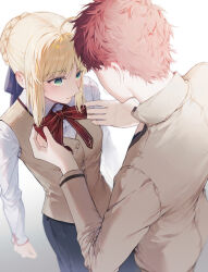  1boy 1girl adjusting_bowtie artoria_pendragon_(fate) baboteolsegongsa blonde_hair blush couple emiya_shirou fate/stay_night fate_(series) green_eyes highres homurabara_academy_school_uniform looking_at_another red_hair saber_(fate) school_uniform 