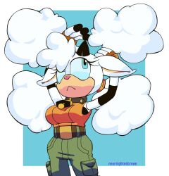  1girl :< adjusting_hair animal_ears arms_up artist_name bell belt blue_background blue_eyes blue_sclera border breasts closed_mouth collar colored_sclera cowbell fingerless_gloves furry furry_female glasses gloves green_pants highres horns huge_breasts joints lanolin_the_sheep large_breasts looking_up nearsightcrowe neck_bell orange_shirt pants pocket sheep_ears sheep_girl shirt simple_background sleeveless sleeveless_shirt solo sonic_(series) twintails tying_hair white_border white_fur white_hair 