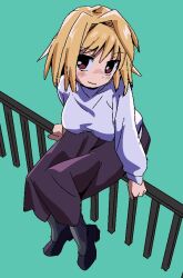  1girl arcueid_brunestud black_shoes blonde_hair blue_background breasts crossed_legs from_above hair_intakes head_tilt huge_breasts long_skirt looking_at_viewer moyosan on_railing pantyhose purple_skirt railing red_eyes scene_reference shoes short_hair skirt smile solo sweater tsukihime turtleneck turtleneck_sweater white_sweater 