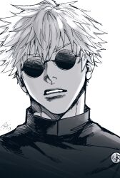  1boy glasses gojou_satoru greyscale highres jujutsu_kaisen jujutsu_tech_uniform kmskc_f looking_at_viewer male_focus monochrome portrait round_eyewear short_hair simple_background solo teeth white_background 