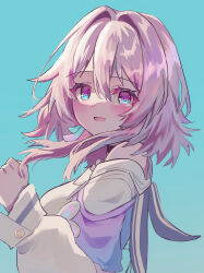  1girl absurdres aqua_background bare_shoulders black_choker blue_eyes blue_jacket breasts choker commentary crying crying_with_eyes_open earrings flower_ornament from_side gradient_clothes gradient_jacket hair_intakes highres honkai:_star_rail honkai_(series) jacket jewelry long_sleeves looking_at_viewer march_7th_(honkai:_star_rail) march_7th_(preservation)_(honkai:_star_rail) medium_breasts medium_hair multicolored_eyes off-shoulder_jacket off_shoulder open_mouth pink_eyes pink_hair pink_jacket pink_pupils rumi_(xafv5772) shirt simple_background single_earring sketch solo tears two-tone_eyes white_shirt 