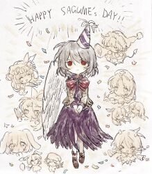  6+girls animal_ears bird_wings blowing_horn bow bowtie braid brown_coat character_name chibi chinese_commentary closed_mouth coat commentary_request cropped_head dango doremy_sweet dress english_text filia_(sonzione807560) food full_body grey_hair hair_bow hat horns houraisan_kaguya inaba_tewi kijin_seija kishin_sagume long_hair long_sleeves looking_at_viewer medium_hair multiple_girls no_pupils no_sclera own_hands_clasped own_hands_together party_hat purple_dress rabbit_ears rabbit_girl rabbit_youkai_group_(touhou) red_bow red_bowtie red_eyes reisen_udongein_inaba ringo_(touhou) sagume_day seiran_(touhou) short_hair single_wing smile straight-on sweatdrop tail v_arms wagashi watatsuki_no_toyohime watatsuki_no_yorihime wings yagokoro_eirin 