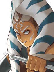  1girl ahsoka_tano alien blue_eyes colored_skin glacier_gladis highres holding orange_skin portrait signature star_wars star_wars_rebels sweat togruta 