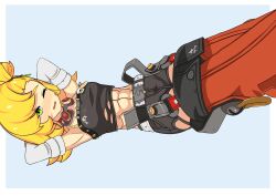  1girl abs absurdres armpits arms_behind_back arms_up bare_shoulders belt black_shirt black_shorts black_tank_top blonde_hair blue_background blush breasts commentary crop_top detached_sleeves elbow_gloves gloves goggles goggles_around_neck green_eyes highres loli looking_at_viewer medium_hair midriff midriff_peek muscular muscular_female navel one_eye_closed open_mouth original pants parted_lips piper_wheel red_pants redpmb shirt short_shorts shorts simple_background small_breasts solo tank_top torn_clothes twitter_username two-tone_background white_gloves zenless_zone_zero 