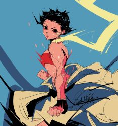  1girl bandaid bandaid_on_cheek bandaid_on_face bandeau belt black_belt black_eyes black_hair blue_background breasts capcom choker clenched_hands clothes_around_waist commentary dark-skinned_female dark_skin dougi fighting_stance highres karate_gi looking_at_viewer makoto_(street_fighter) martial_arts_belt medium_breasts midriff muscular muscular_female navel punching red_sports_bra ribbon_choker scarf short_hair signature solo sports_bra strapless street_fighter street_fighter_iii_(series) tomboy toned under_boob underwear wolfmarker 
