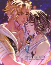  1boy 1girl artist_name bare_shoulders blonde_hair brown_hair closed_eyes closed_mouth collarbone couple english_commentary final_fantasy final_fantasy_x heads_together hetero highres hood hood_down hug ilabarattolo jacket jewelry lips necklace nontraditional_miko pink_lips sash short_hair tidus upper_body yellow_jacket yuna_(ff10) 