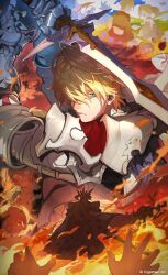  1boy 1girl aged_down armor artist_request blonde_hair blue_eyes cape destruction facing_away fake_horns fire flashback full_armor granblue_fantasy helmet highres holding holding_sword holding_weapon horned_helmet horns looking_at_viewer official_art serious swept_bangs sword twintails weapon white_armor white_cape white_knight_(granblue_fantasy) 