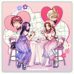  2boys 2girls aerith_gainsborough alternate_costume armor black_hair black_jacket blonde_hair blue_dress blue_eyes blue_shoes blue_trim border bow bracelet braid braided_ponytail brown_hair cake cake_slice chair character_charm charm_(object) closed_eyes cloud_strife cup dress earrings final_fantasy final_fantasy_vii final_fantasy_viii flower_bracelet food full_body fur-trimmed_jacket fur_trim furrowed_brow green_eyes hair_between_eyes hair_bow hair_ornament hair_ribbon hairclip headscarf heart-shaped_speech_bubble hetero highres holding holding_cup jacket jewelry long_dress long_hair long_skirt multiple_boys multiple_girls open_mouth parted_bangs pauldrons pink_background pink_ribbon pink_trim ribbon rinoa_heartilly sayaendou0426 scar scar_on_face see-through_clothes see-through_dress see-through_skirt shirt shoes short_sleeves shoulder_armor sidelocks single_braid single_earring single_pauldron sitting skirt smile spiky_hair squall_leonhart strawberry_cake t-shirt table talking twitter_username white_border white_shirt white_shoes 
