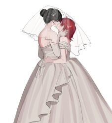  2girls back_bow bow braid bride bun_with_braided_base dress elbow_gloves feet_out_of_frame genderswap genderswap_(mtf) gloves hair_bun hand_on_another's_back highres kaname_momo kiss maeno_aki multiple_girls red_hair shared_veil simple_background tsugino_haru wedding_dress white_background white_dress white_gloves wife_and_wife yuri zeno_(game) 
