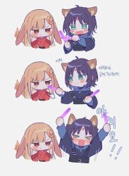  >_< 2girls :d animal_ears arms_up blonde_hair cheering chibi chibi_only cho_kaguya-hime! closed_eyes commentary_request forehead_jewel fox_ears glowstick green_eyes highres holding holding_glowstick kaguya_(cho_kaguya-hime!) korean_commentary long_hair looking_at_another lop_rabbit_ears multiple_girls multiple_views open_mouth oshikatsu otaku pout purple_hair rabbit_ears sakayori_iroha short_hair smile sururufu translation_request xd 