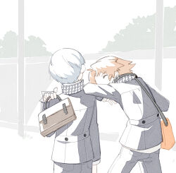  2boys arm_on_another's_shoulder bag black_jacket black_pants brown_hair closed_eyes from_behind grey_hair hanamura_yousuke highres holding holding_bag jacket kkyagdoyo164972 long_sleeves male_focus multiple_boys narukami_yu outdoors pants persona persona_4 school_bag school_uniform short_hair shoulder_bag standing walking yasogami_school_uniform 