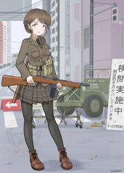  1girl ammunition_pouch baton_(weapon) belt black_necktie black_pantyhose boots brown_belt brown_boots brown_hair brown_jacket brown_shirt cityscape commentary_request full_body gun gun_sling highres jacket long_hair long_sleeves looking_at_viewer m50_reising military_jeep motor_vehicle necktie open_mouth original pantyhose pink_eyes plaid_clothes plaid_skirt pouch savankov school_uniform shirt signature skirt solo submachine_gun tactical_school_uniform translation_request trigger_discipline weapon 